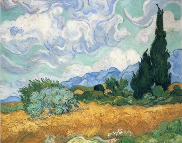  Vincent Painting - Wheatfield with cypress tree Vincent van Gogh